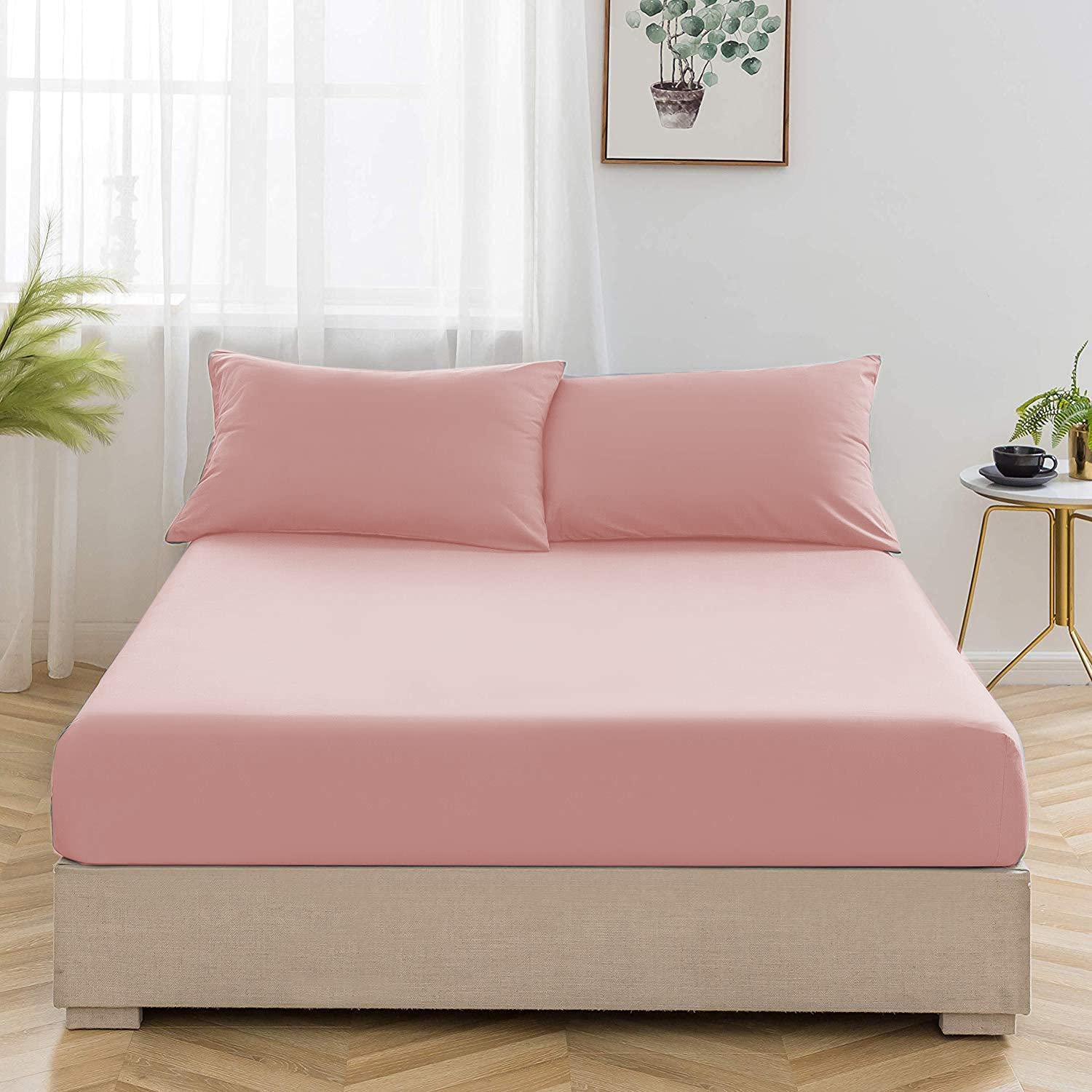 Double Bed Fitted Sheet 100% Egyptian Cotton 200 Thread Count 12” / 30cm Extra Deep Pocket Mattress White | Silver | Pink | Black Bed Sheets (Pink, King)