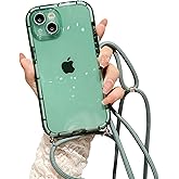 ELTIIGO for iPhone 14 Clear Case with Crossbody Nylon Lanyard, Slim Translucent Shockproof Soft Protective Cover with Anti-Lost Detachable Adjustable Shoulder Neck Strap for Girls Women - Green