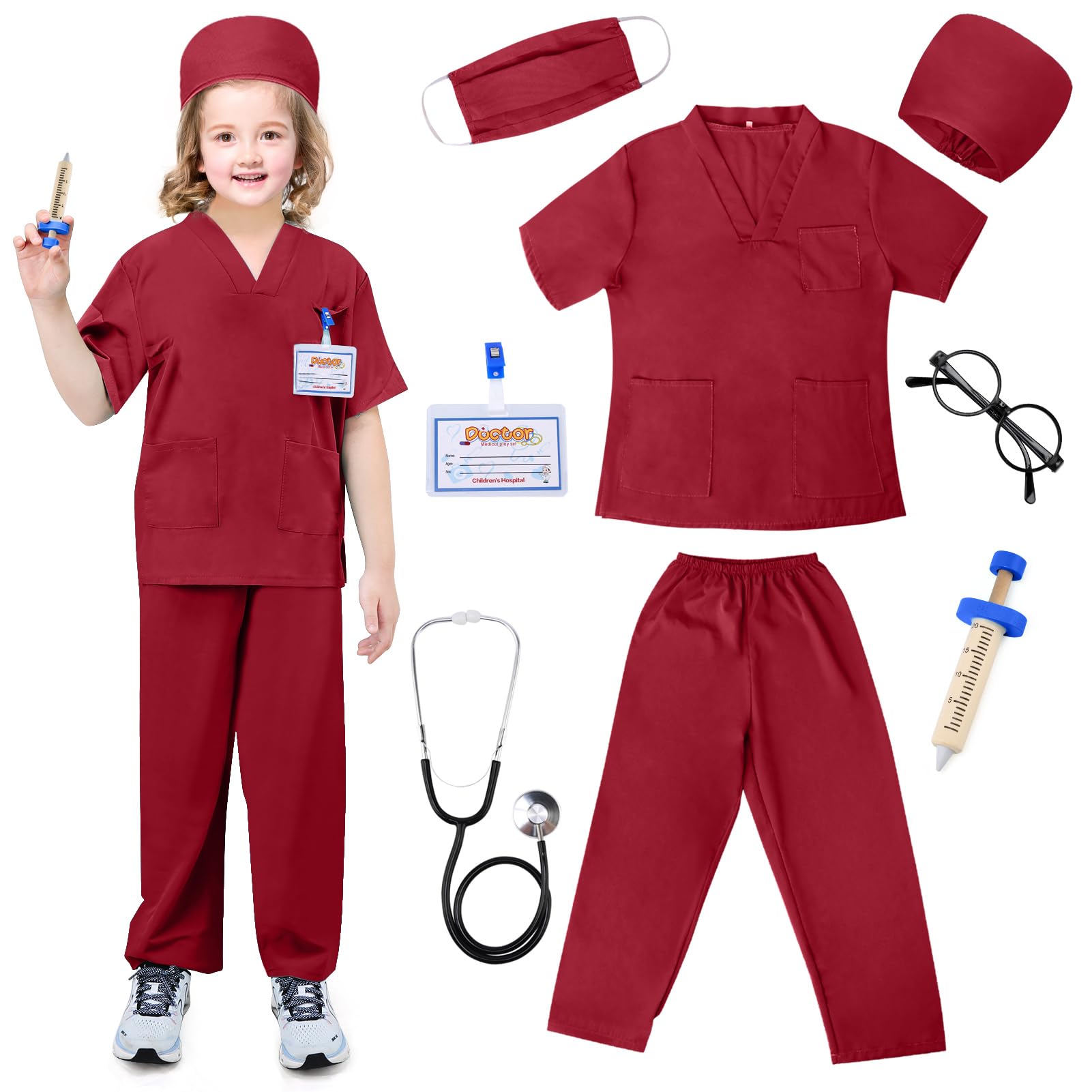 TonStyle Doctor Costume Set for Kids-Kids Toys, Mens and Womens Hospital Doctors Scrub Top Set,Toddler Nurse Scrubs with Accessories Halloween Dress Up Cosplay For Boys Girls 3-11 Years (Red, M)