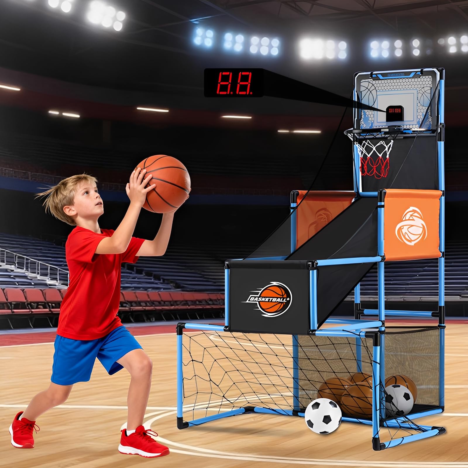 Photo 1 of 2 in 1 Basketball Arcade Game & Soccer Goal for Kids, Adjustable Kid Basketball Hoop with 6 Balls and Pump, Indoor Outdoor Games for Kid Toys for 3-12 Year Old Kids Birthday Gifts for Boys Girls