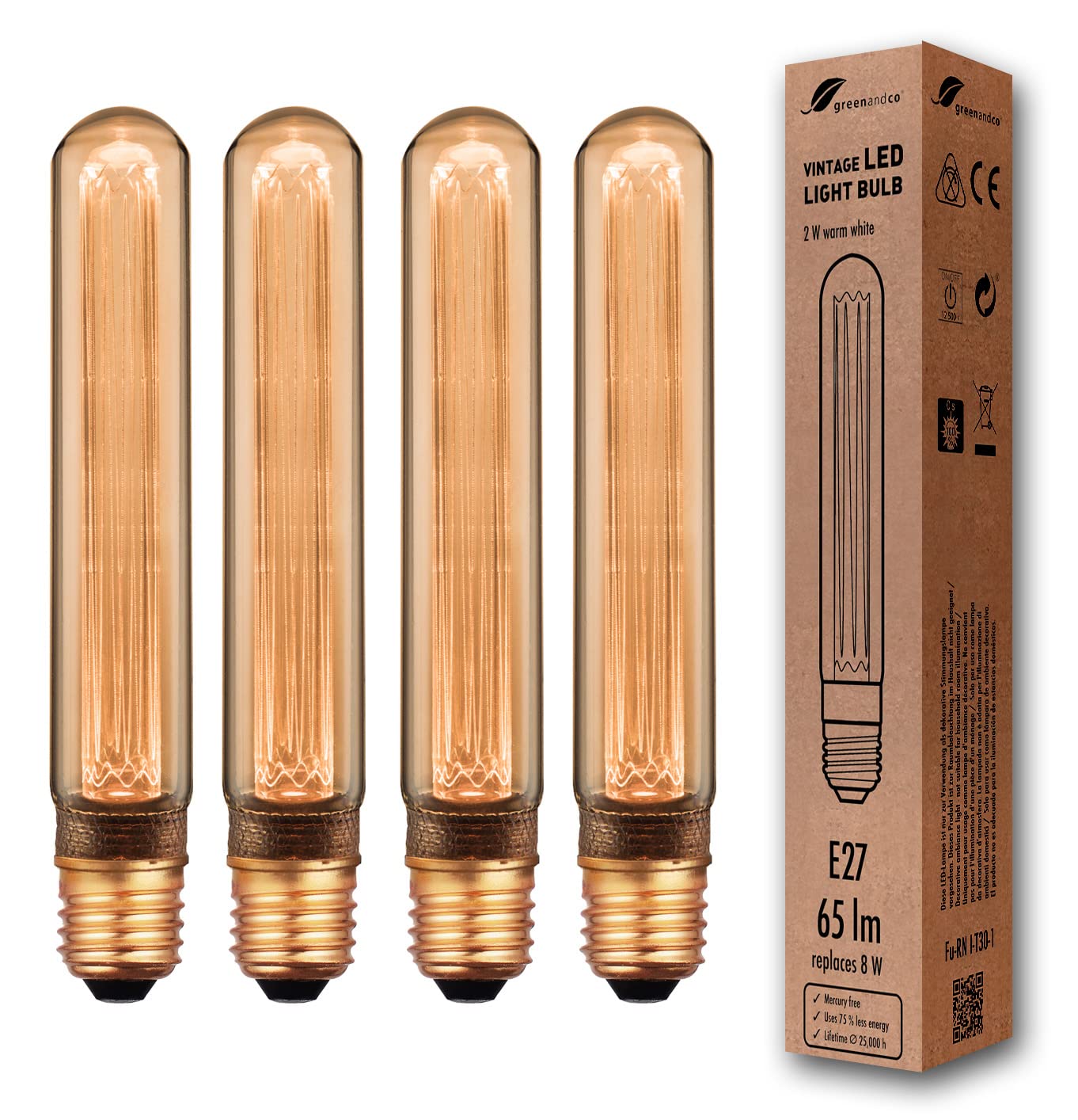 greenandco 4X Decorative LED Vintage Light Bulb | E27 T30 | Amber | 2W 65lm | 1800K Extra Warm White | 320° | 230V | Flicker Free | Not Dimmable
