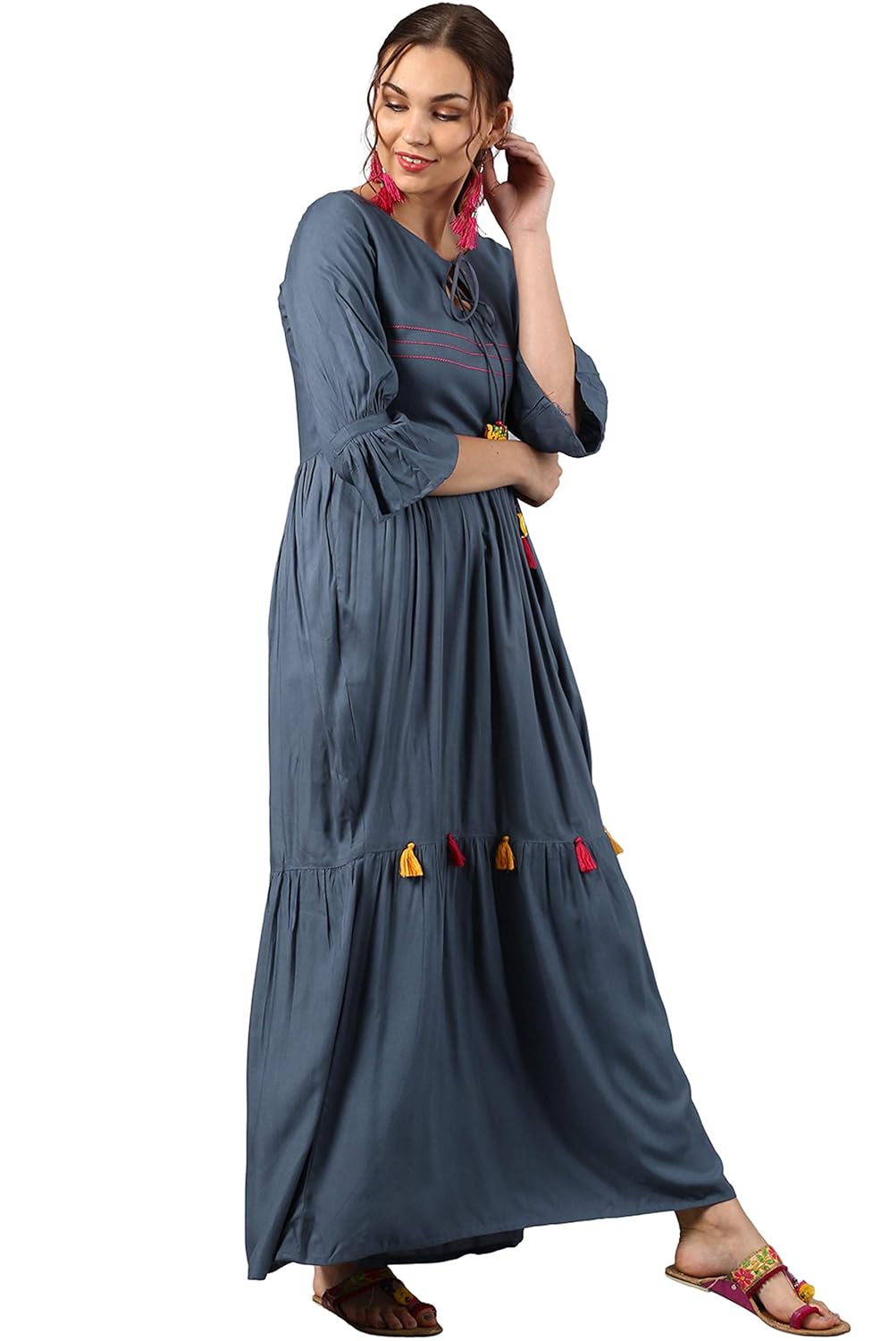 janasya women's rayon flared plain tassel gown