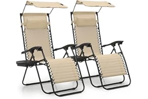 MoNiBloom Zero Gravity Chair Set of 2 with Canopy Shade, Patio Folding Anti Gravity Recliner, Foldable Outdoor Lounger with Cup Holder Tray for Beach Camping, Cream