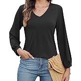 Amzdora Womens Dressy Tops V Neck Floral Long Sleeve Shirts Loose Puff Sleeve Work Blouses Casual Fall Stylish Clothes