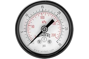 WINTERS INSTRUMENTS Winters 1-1/2 inch Dial Size, Economy Utility Dry Pressure Gauge, Brass Internals, Black Steel Case, Dual Scale 0-30 psi/kPa, 3-2-3% Accuracy, 1/8 inch NPT Back Mount, Multi Function Pressure Gauge