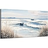 amatop Large Canvas Art Wall Decor for Bedroom Living Room –Rustic Coastal Ocean Artwork for Walls with Sailboat and Waves – Blue and White Nautical Beach Seascape Canvas Print 48x24 Inch