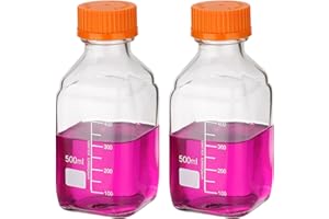 PATIKIL 2 Pack Reagent Media Storage Bottles, 500ml Borosilicate Glass Square Graduated Round Bottles with Orange GL32 Screw 
