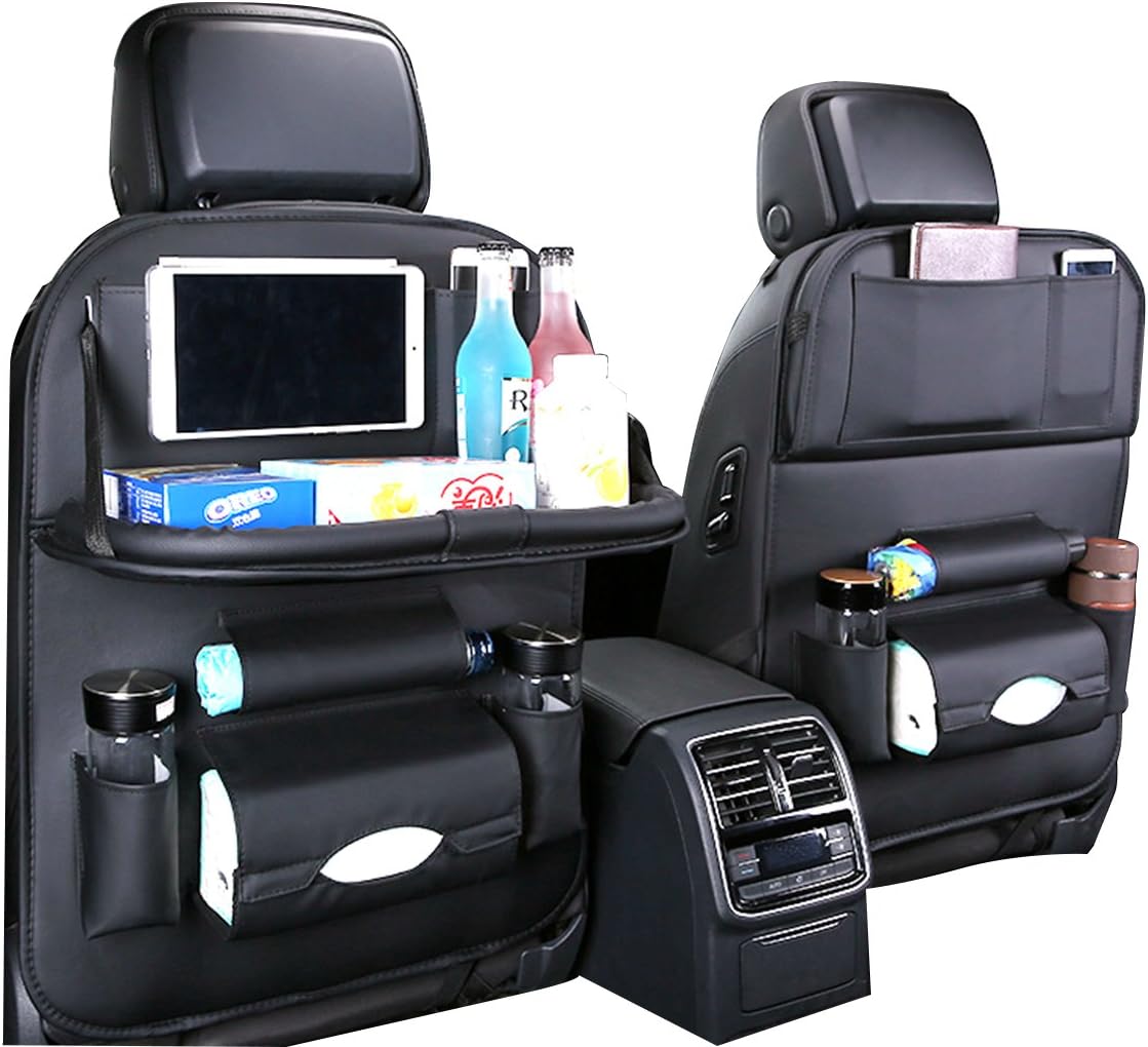 FAWORS Car Backseat Organizers with Foldable Table Tray PU Leather Car Seat Organizers with Tablet Holder, Car Tissue Box Holder, Water Bottle Holder and Umbrella Holder