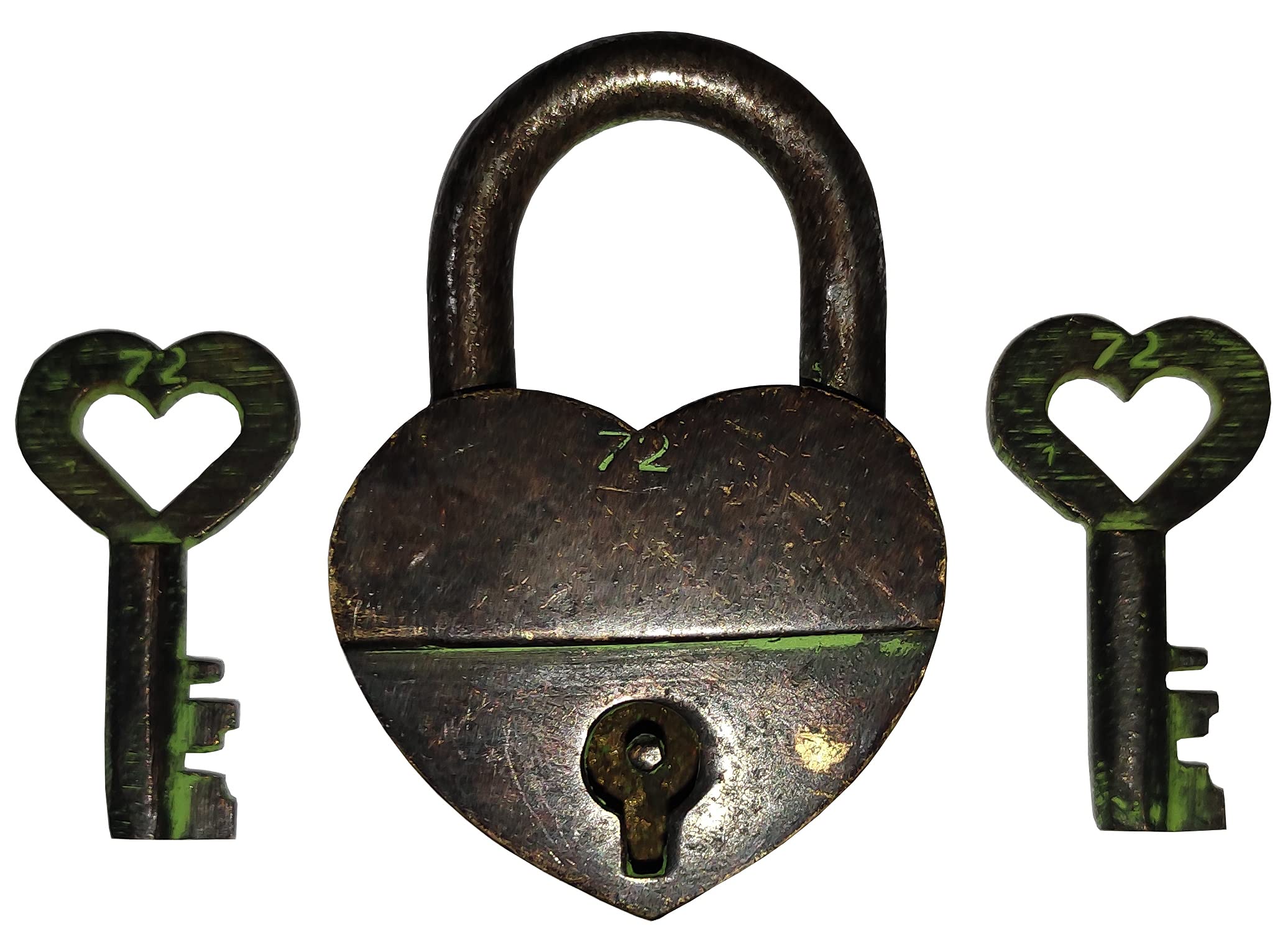 Purpledip Brass Small Padlock: Glowing Heart, Vintage Green (11003A)