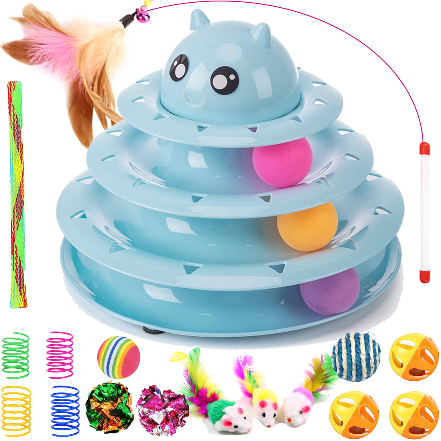 Pawsayes 17 Pack Cat Toys Interactive for Indoor Cats Kitten Toy Fun Roller 3 Level Cat Teaser Ball Toys with Cat Feather Wand
