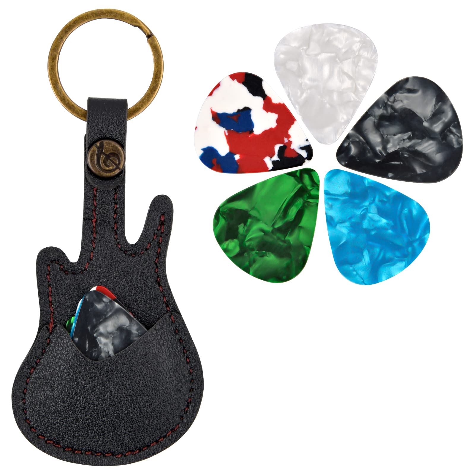 suchkawe Guitar Picks Holder with 5 Pcs Picks, Leather Keyring Keychain Guitar Picks Case Guitar Shape Plectrum Case Bag (Black)