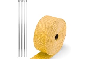 JDMBESTBOY Yellow Exhaust Pipe Insulation Thermal Heat Wrap 2" x 50' Car Motorcycle Header Protection Fiberglass Heat Shield 6X Stainless Ties