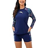 Halcurt Women's Built in Bra Rash Guard Long Sleeve Swimwear UPF 50 Two Piece Swim Shorts and Tops