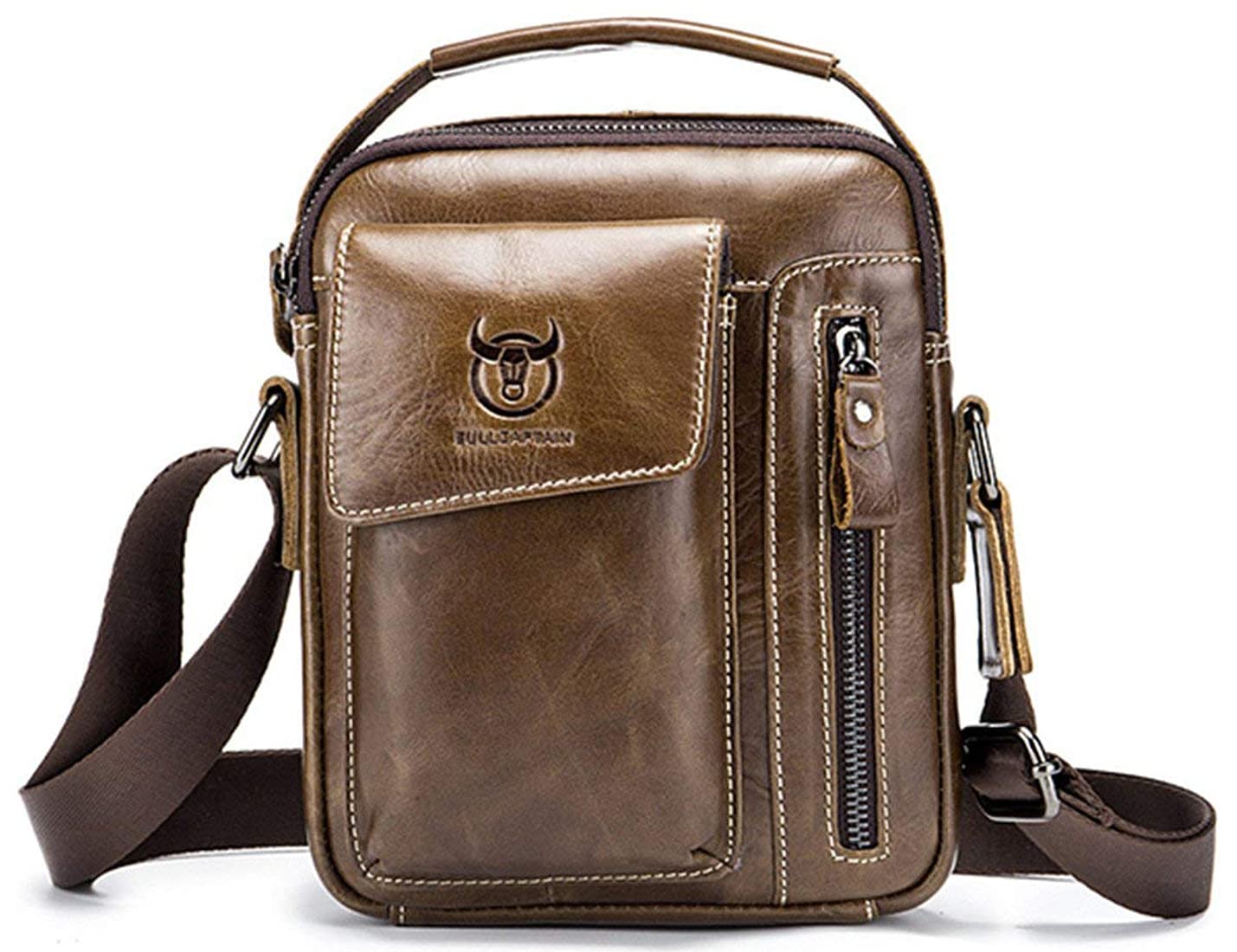 Men's Small Shoulder Bag, Genuine Leather Bag, Retro Lightweight Cross Body Everyday Satchel Bag for Business Casual Sport Hiking Travel Brown
