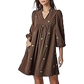 EZAPINE Corduroy Dress Women Embroidered Fall Winter Empire Waist V Neck Babydoll Mini Dress with Pockets
