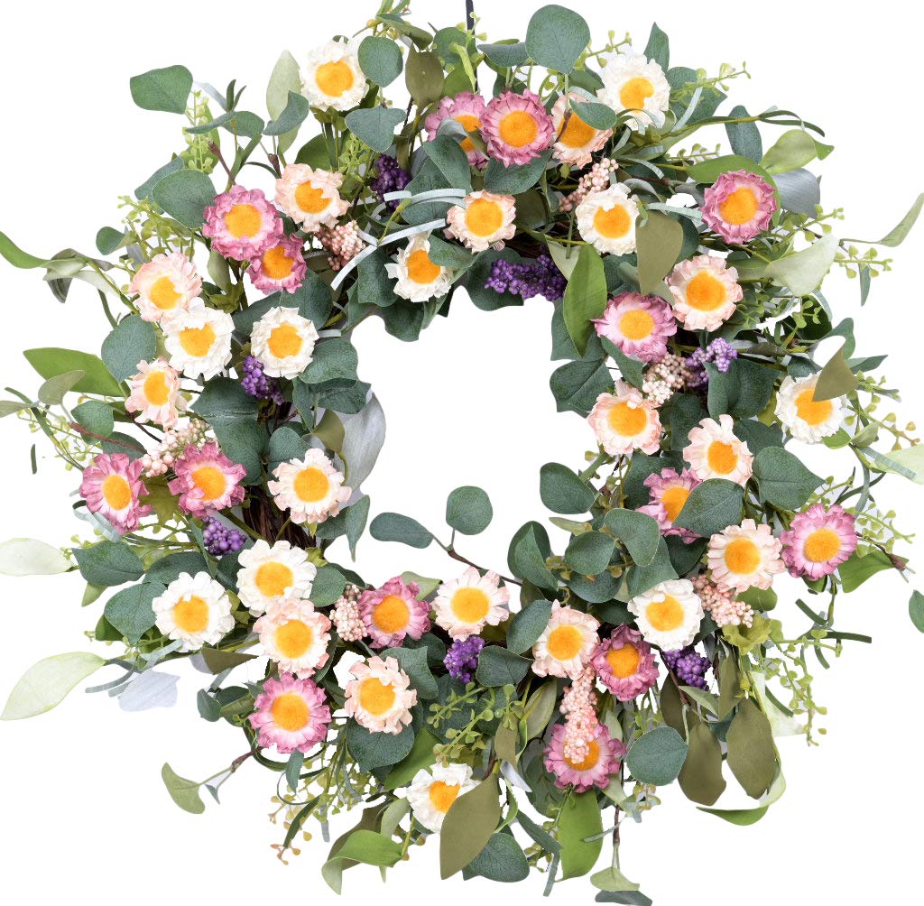 Photo 1 of 24 Inch Artificial Colorful Daisy Wreath Spring Front Door Wreath Blossom Foliage Wreath with Farmhouse Boxwood Leaves Grapevine Wreath for Festival Celebration Party Wall Window Home Décor