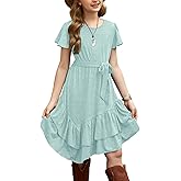 Arshiner Girls Dresses Loose Plain Casual Ruffle Swing Midi Dress with Belt for 5-14 Years