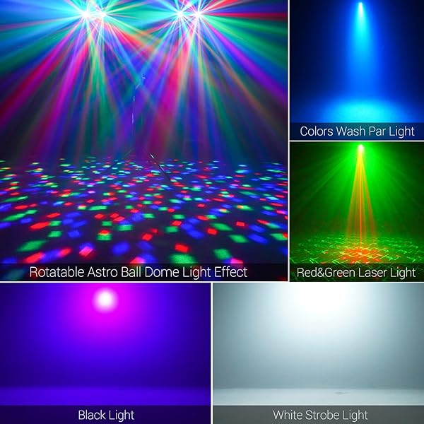 TELBUM DJ LIGHTS WITH STAND, 5 IN 1 PARTY BAR LIGHT SET WITH ROTATING BALL, STROBE, UV, COLORFUL LED PAR LIGHT AND PATTERN, SOUND ACTIVATED DJ LIGHTING SYSTEM FOR DISCO STAGE GIG BAND WEDDING