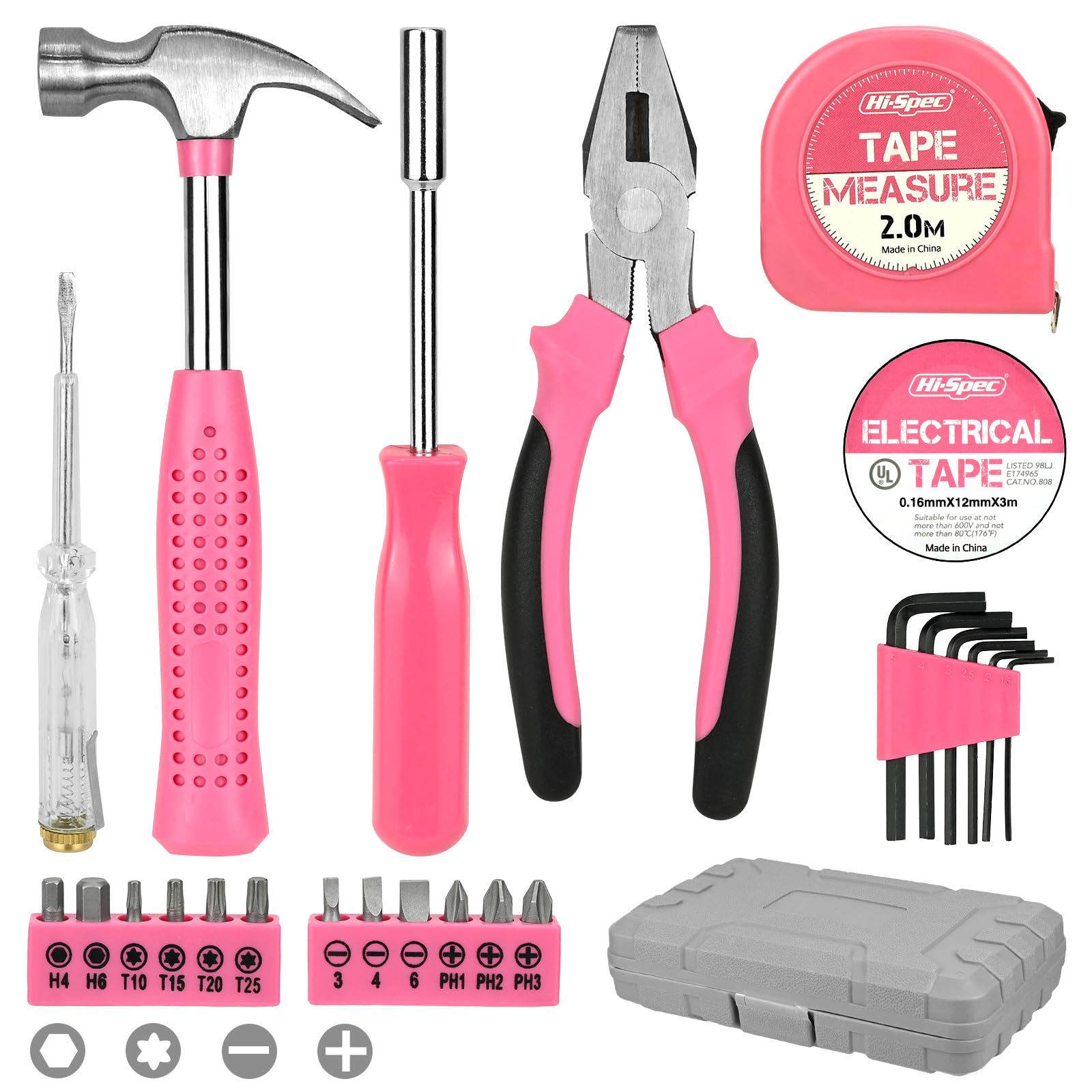 24 PCS Pink Tool Kit for Women Ladies, Household DIY Tool Kit, Mini Tool Box Set with Pliers Wrenches Hammer Tape Measure Bit Drivers Handle, Basic Hand Repair General Tool Sets for Home & Office