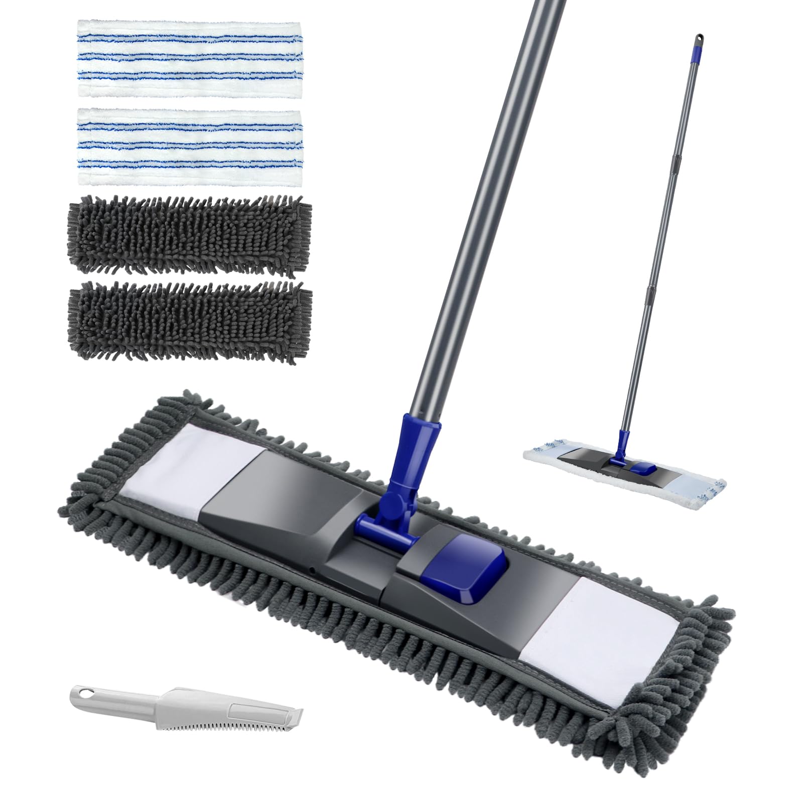 Masthome Flat Mop, Floor Mops with 4 Microfiber Reusable Pads, Microfibre Mop with Adjustable Handle for Laminate Wooden Floors, Dust Wet Dry Mops for Kitchen Bathroom Wall - Send Cleaning Scraper