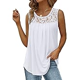 Saloogoe Summer Tank Tops for Women Loose Fit Pleated Tunics Scoop Neck Sleeveless Lace Tops Curved Hem Flowy