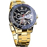 FORSINING Men Tourbillon Mechanical Self-Wind Watch, Day Date Month Full Calendar, Luminous Tachymeter Multifunctional Automatic Watches, Carved Big Dial Stainless Steel Band Wrist Watch