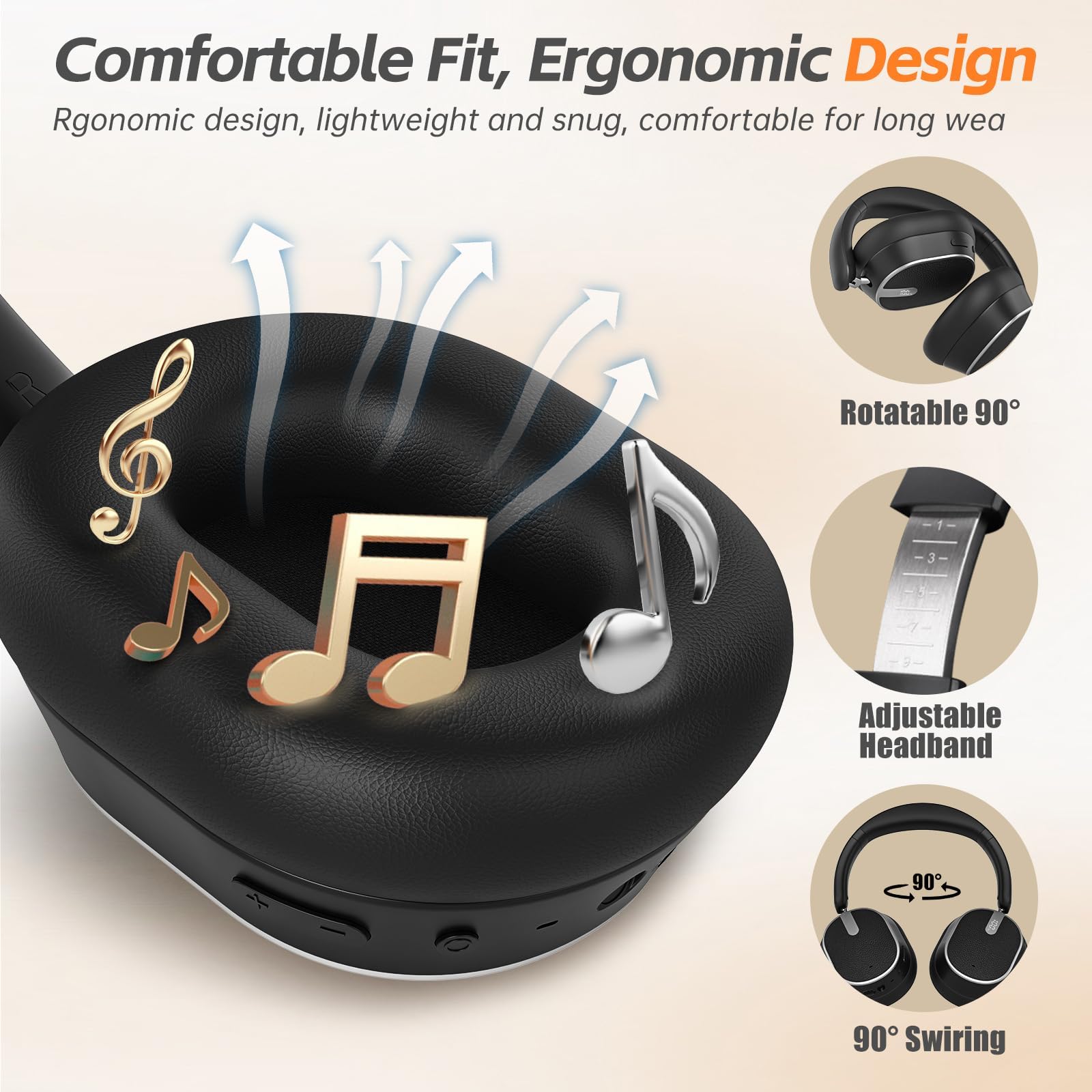 Hybrid Active Noise Cancelling Bluetooth Headphones,Bluetooth 6.0 Over Ear Wireless Headphones with 60H Playtime, Hi-Res Audio, Deep Bass, Memory Foam Ear Cups for Home Office Travel Black