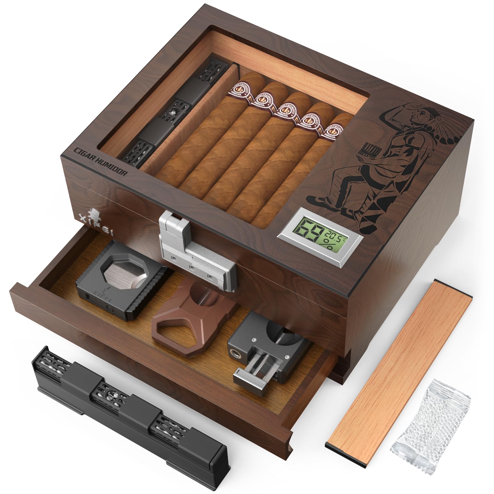 Photo 1 of XIFEI Cigar Humidor, Glass Top Humidor Box with Digital Hygrometer, Humidifier, Accessories Drawer, Divider, Cedar Wood Desktop Humidors Case with Combination Lock, Gift for Cigar Lovers (Walnut)
