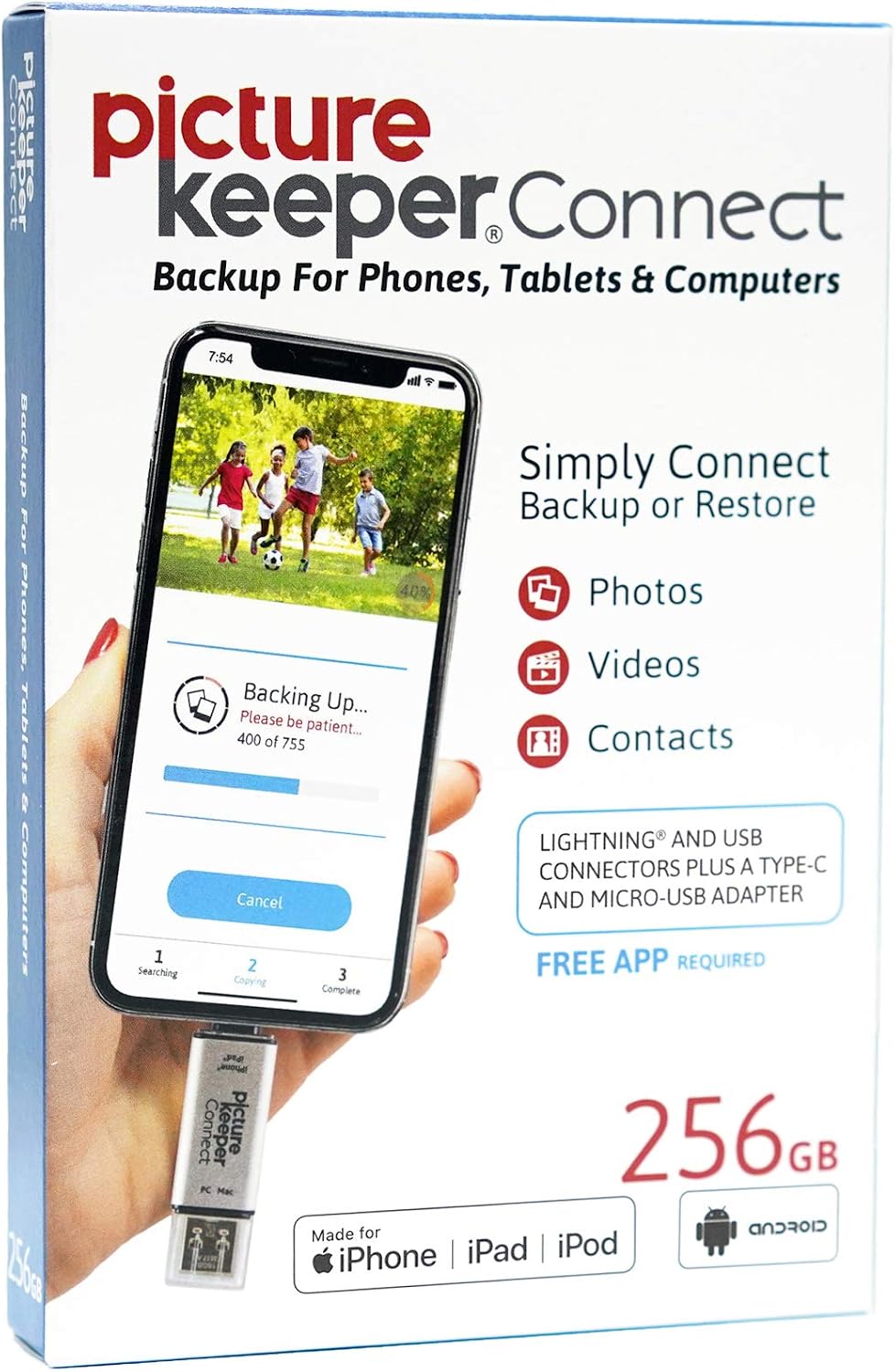 Picture Keeper Connect Photo & Video Flash Drive for PCs Apple, & Android Devices, 256GB Flash Drive, Black, 256 GB