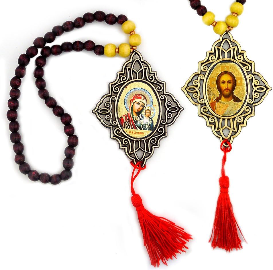 Our Lady of Kazan and Christ The Teacher Icon on Prayer Rope from Ukraine 13 3/4 Inch