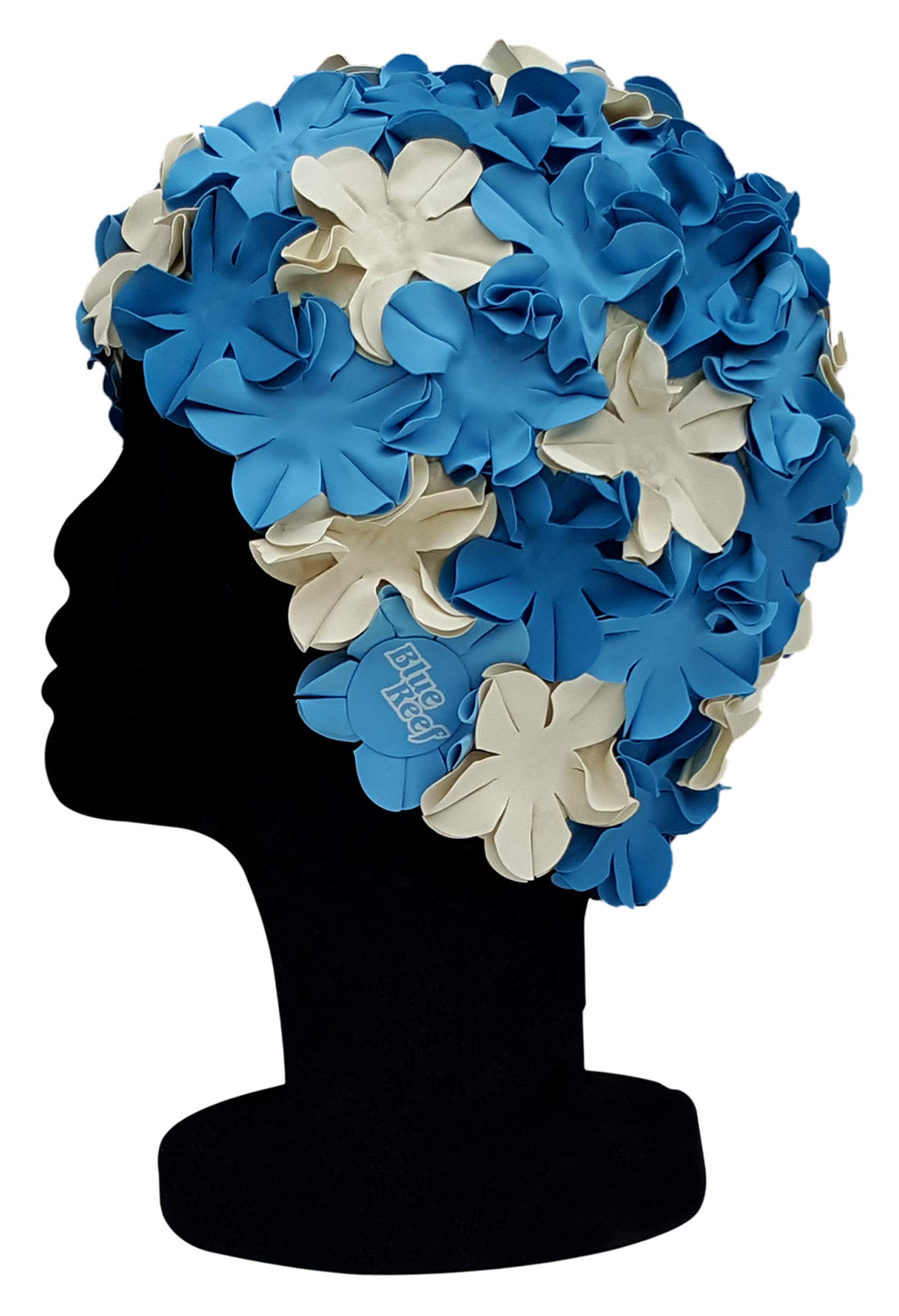 Blue Reef Isla Floral Ladies Classic Retro 3D Flower Petal 3 Colour Stylish Vintage Swimming Hat Swim Cap One Size Adults (Blue/Sky Blue/Off White)