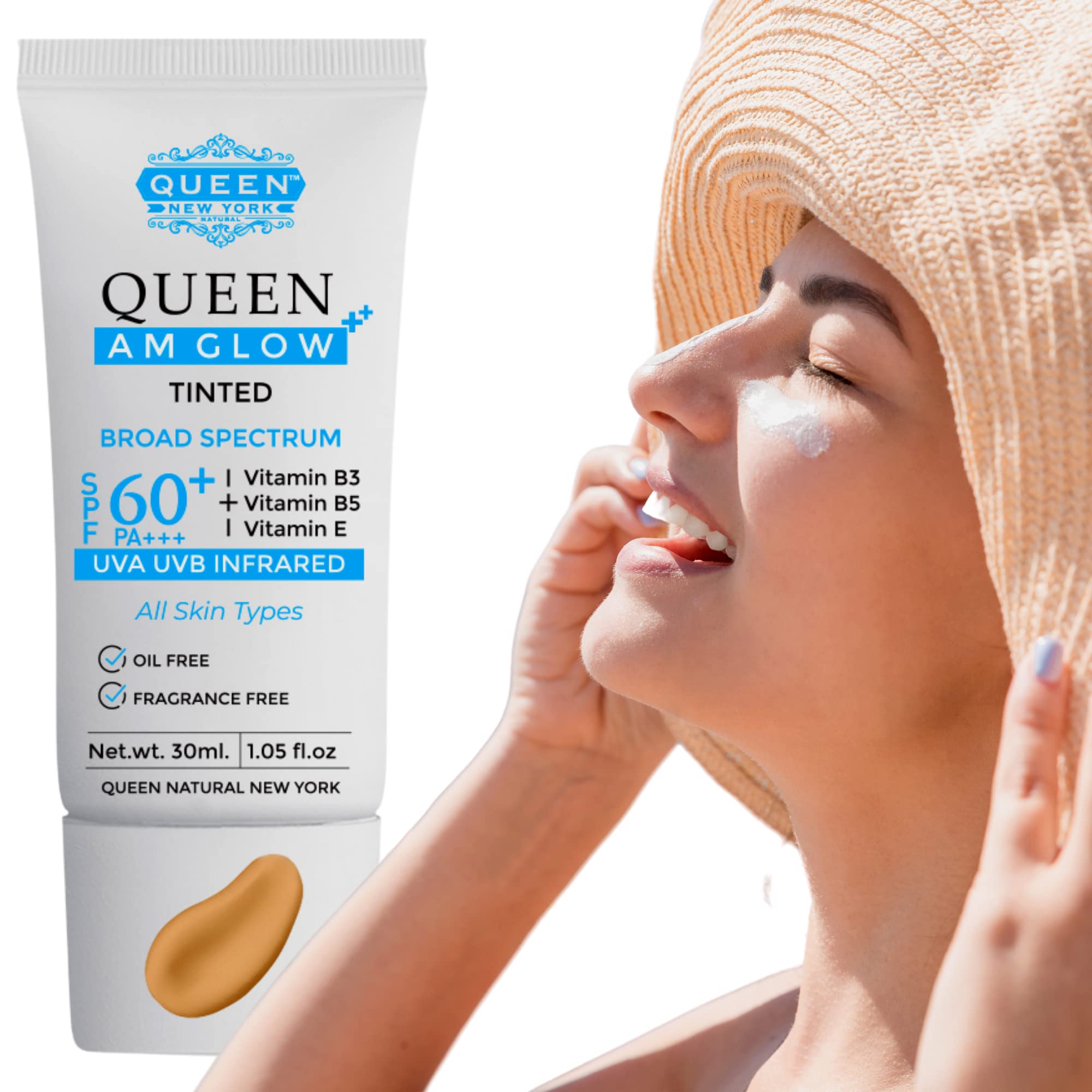 QUEEN AM GLOW | TINTED SunScreen SPF 60 PA+++Primer-Anti Aging, Face Moisturizer- Vitamin B3, B5, E- Non-Greasy, Silky Touch, Instant dry-oil free, fragrance free by QUEEN NATURAL NEW YORK