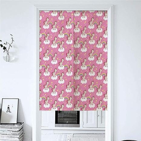 Amazon 暖簾 くぐる 65x90cm ピンクのスカイラインの虹と星の雲の上に立っているかわいいユニコーン おしゃれ 室内インテリア 突っ張り棒付き のれん 英語 暖簾分け 味 居酒屋のれん のれん オンライン通販