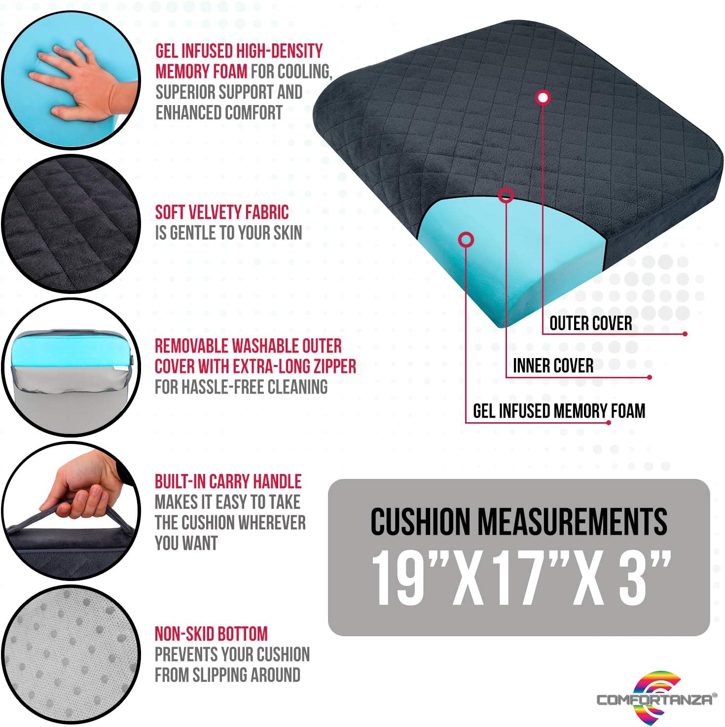 COMFORTANZA Large Seat Cushion - 19x17x3 Gel Infused Pure Memory Foam Chair Pad for Dining, Office Chairs, Wheelchairs, Recliners, Car Seats - Booster Cushion for Adults & Kids - Pain Relief - Black: Home & Kitchen