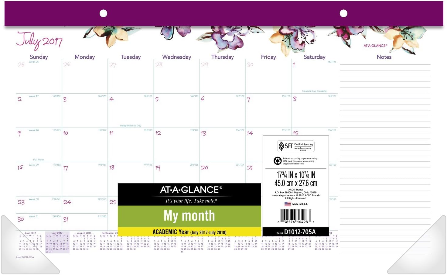 AT-A-GLANCE Academic Desk Pad Calendar, July 2017 - July 2018, 17-3/4" x 10-7/8", Compact, June (D1012-705A)