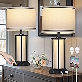 27" Tall Vintage Table Lamp Set of 2 with USB C+A & Outlet,Black Industrial End Table Lamp for Living Room,Farmhouse Rustic B