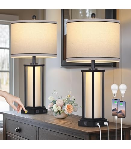 Dungoo Farmhouse Table Lamp Set Of 2 – 26-Inch Resin Base With Beige Linen Shade, Dual USB Ports, E26 Socket – For Bedroom, Living Room, Office