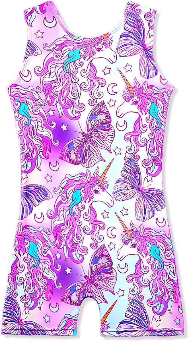 Leotards for Girls Gymnastics with Shorts Butterfly Unicorn Mermaid Dance Unitards Biketards Hotpink Black : Clothing