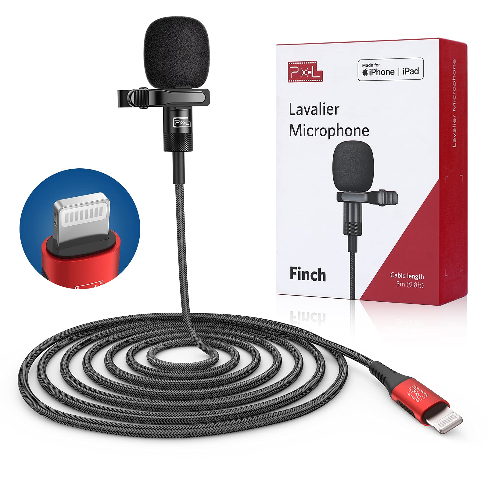 PIXEL Lavalier Microphone for iPhone (Apple MFi-Certified) | Lav Mic for Vlogging | External Microphone for Video Recording, Compatible with All Lightning Devices (10ft)