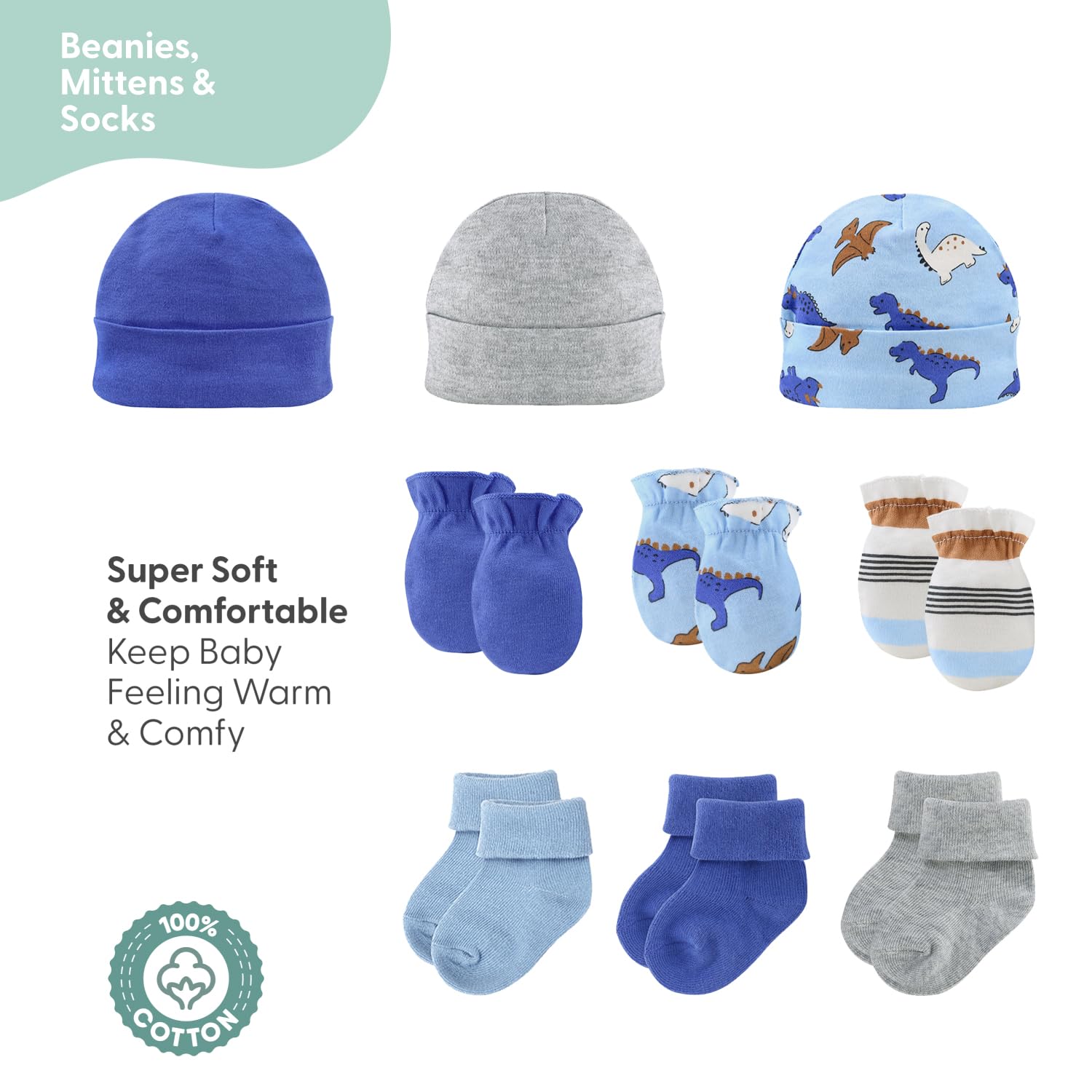 The Peanutshell Baby Layette Gift Set for Boys - 16 Piece New Born Boy Gift Set, Baby Clothes & Newborn Essentials Must Haves - Newborn Clothes 0-3 Months - Blue Dino