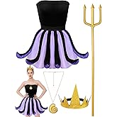 5 Pcs Women Octopus Costume Set Include Black Purple Octopus Dress Crown Conch Necklace Trident Prop Halloween Cosplay