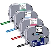 TITBIT 4 Pack Compatible with Brother Label Maker Tape 12mm 0.47” Laminated TZe 335 435 535 735 White on Black/Red/Blue/Green for P Touch Label Maker PTD210 PTH110 PTD600