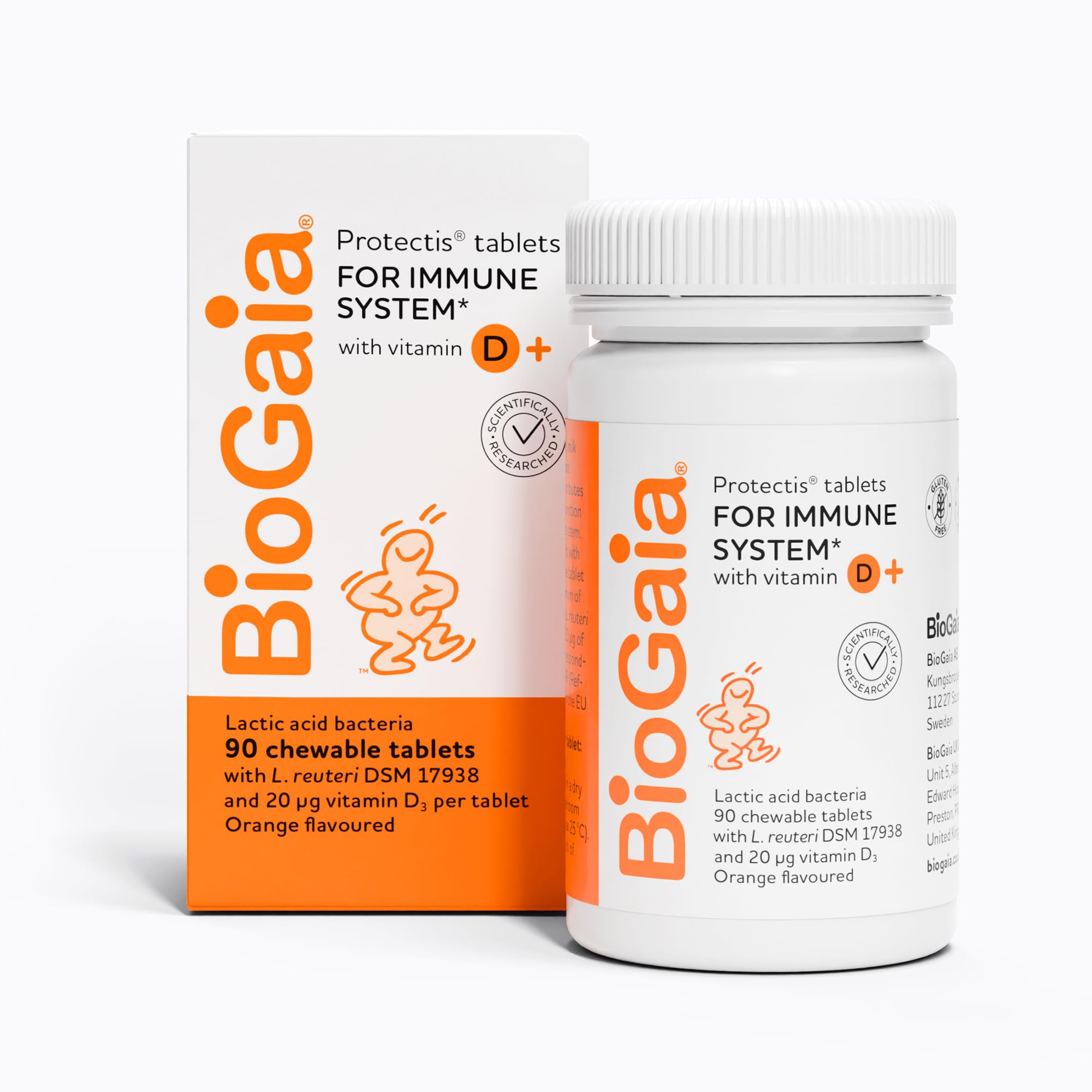 BIOGAIA Protectis Probiotic Chewable Vitamin D3 Tablets, Orange Flavoured, 90 Pieces, for The Whole Family