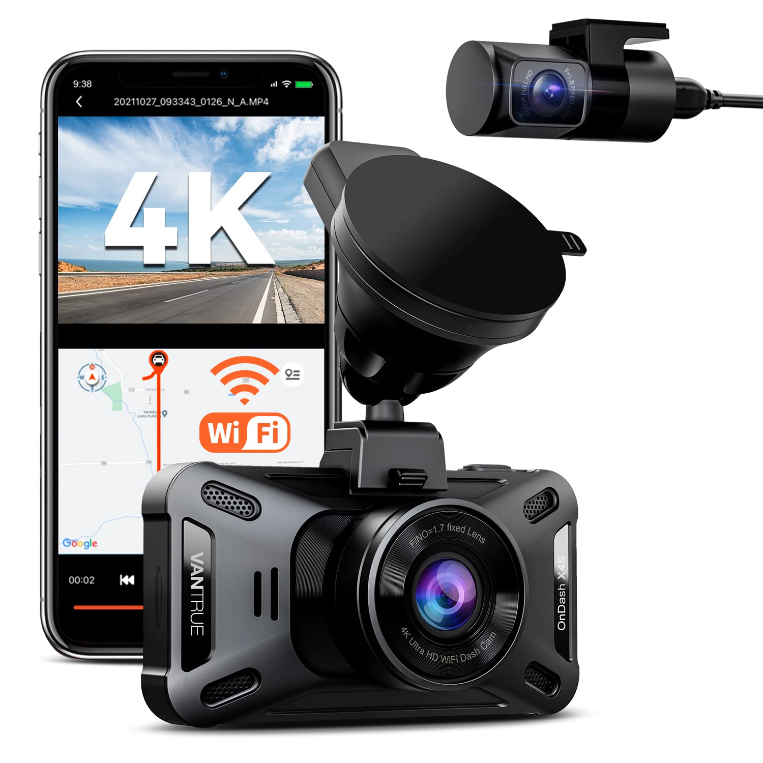 Photo 1 of Vantrue X4S Duo 4K+1080P Front and Rear Dash Cam with Free APP, Dual 5G WiFi, 24Hrs Parking Mode, Super Night Vision, Optional GPS, Motion Detection, G-Sensor, Capacitor, Support 512GB Max