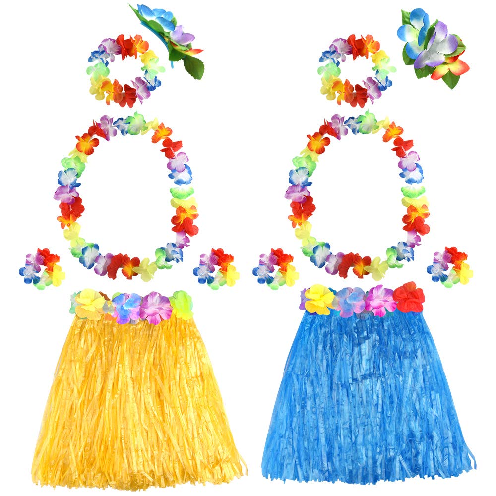 FEPITO Hawaiian Grass Hula Skirts Sets Include Flower Leis Necklace Headband Bracelets Luau Skirts for Hawaii Costume Tropical Luau Birthday Party Supplies (2 Set)