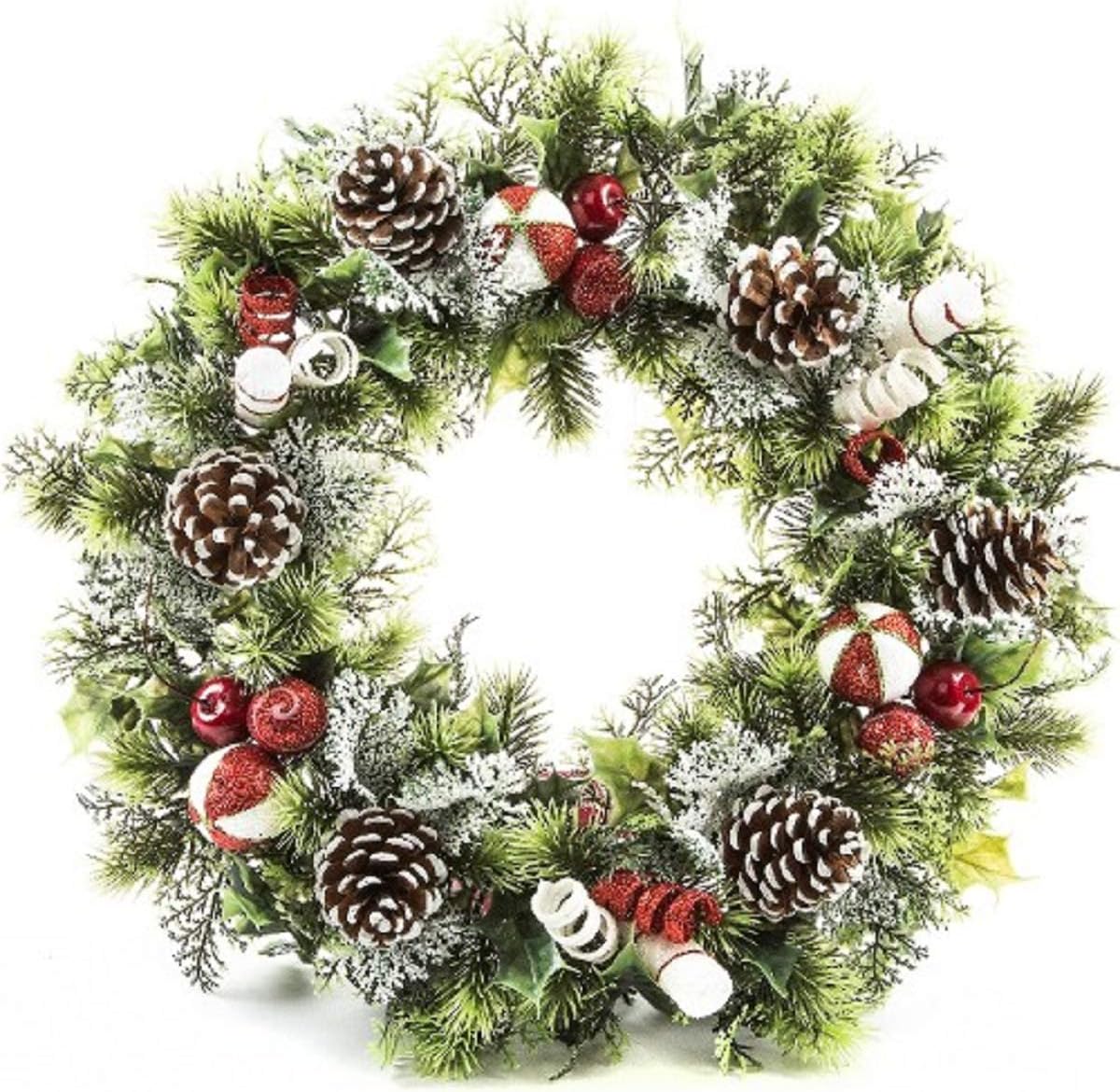 Efe Candy Cane Christmas Frosted Holly Wreath Candle Ring With Pine Cones For Outdoor Indoor Decoration Amazon Co Uk Home Kitchen