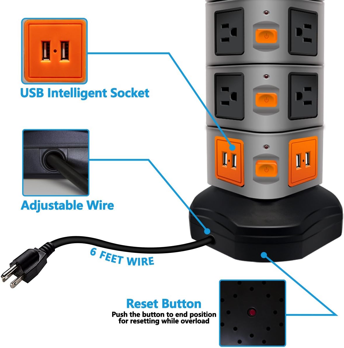 Power Strip Tower, Lovin Product Surge Protector Electric Charging Station, 14 Outlet Plugs with 4 USB Slot 6 feet Cord Wire Extension Universal Charging Station (1-PACK) - - 