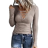HERILIOS Women Casual Long Sleeve Tunic Tops V-Neck T Shirts Criss Cross Ribbed Casual Tee Slim Fitted Fall Blouse