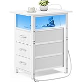 Vagusicc White Nightstand with Charging Station and LED Lights, Narrow End Table, LED Nightstand with 3 Fabric Drawers for Bedroom, Small Bedside Table, Narrow Side Table for Small Spaces, White