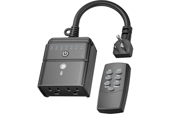BN-LINK Outdoor Light Timer, Dusk to Dawn Light Sensor, 100 FT Range Remote Control with 2 Grounded Electrical Outlets, Outdo